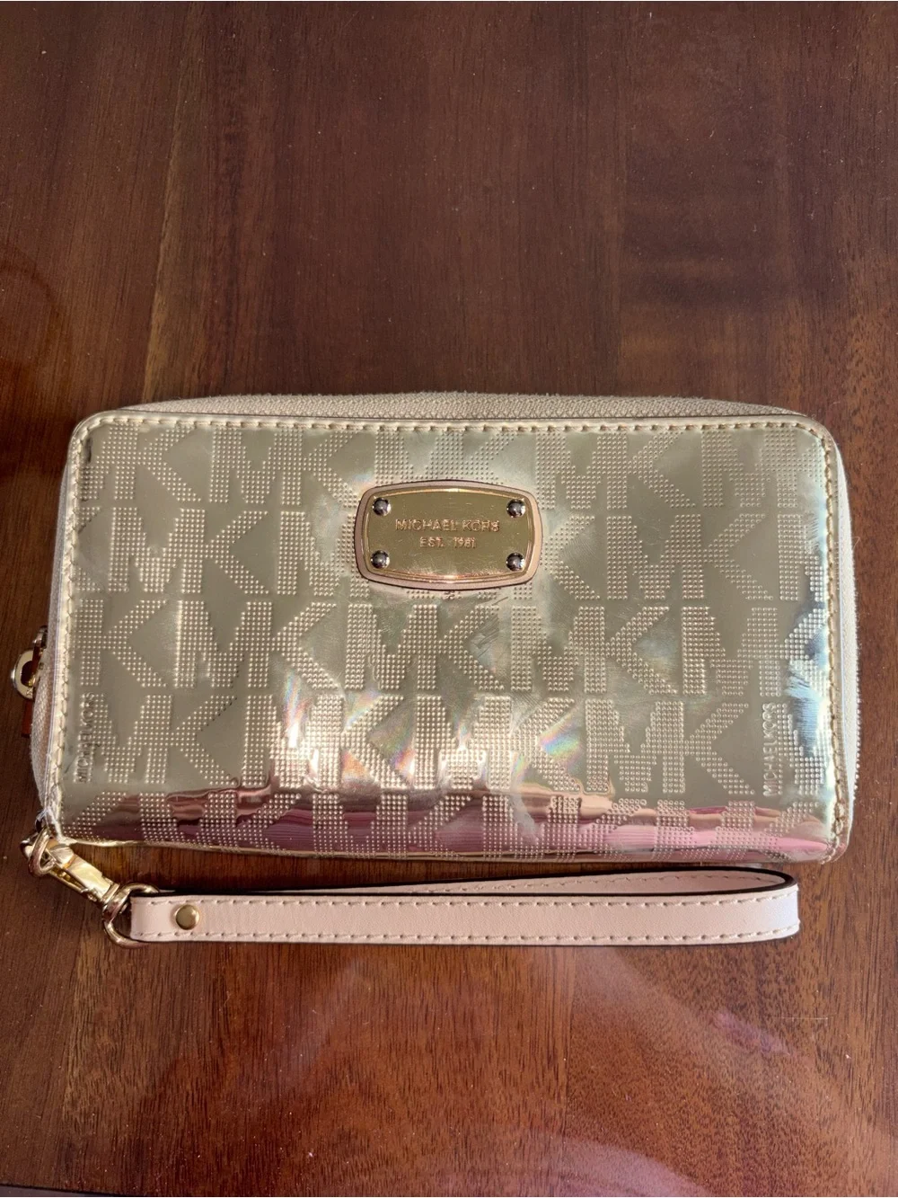 Michael Kors Metallic Gold MK Logo Wristlet with Pale Pink Strap
